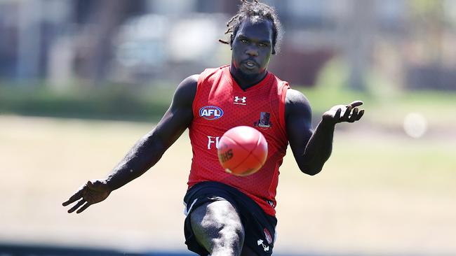 Anthony McDonald-Tipungwuti has resumed training at Essendon but there is no playing return date in mind for him yet. Picture: Michael Klein