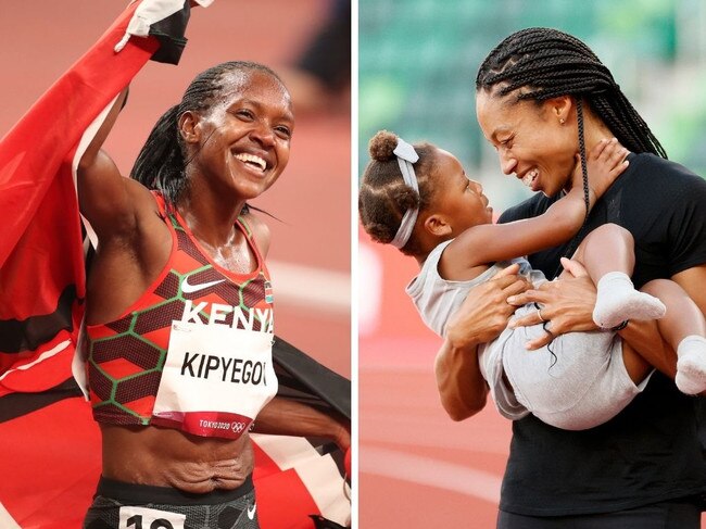 Faith Kipyegon (left) and Allyson Felix (right with daughter Camryn) are two record-breaking mums.