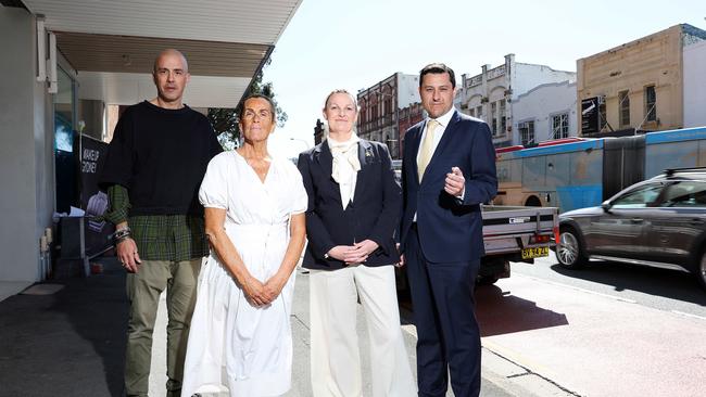 Business owners Michael Penny from Parlour X, Jeannie Bourke from Venustus and Liberal Candidate for Wentworth Ro Knox, and Liberal Candidate for Paddington Alexander Andruska fight back against bike lanes. Picture: Tim Hunter.