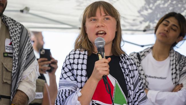Greta Thunberg speaks to reporters before departing on the aid ship Madleen for Gaza. Picture: AP