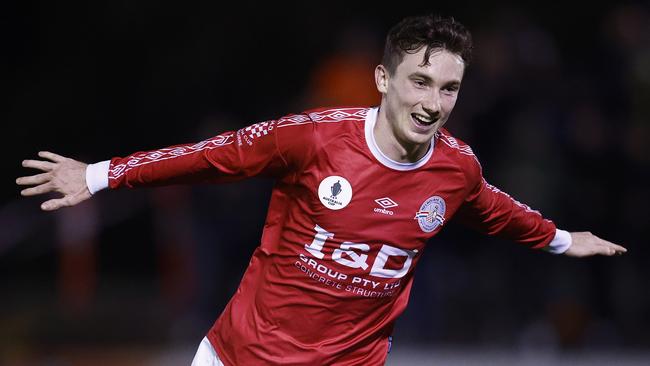 Mitch Hore celebrates a goal for Melbourne Knights. Picture: Daniel Pockett