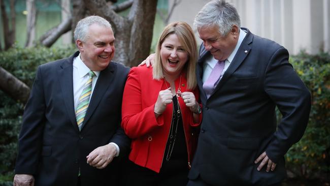 Centre Alliance’s Senator Stirling Griff, Member for Mayo Rebekha Sharkie and Senator Rex Patrick at Parliament House in Canberra. Picture: Kym Smith