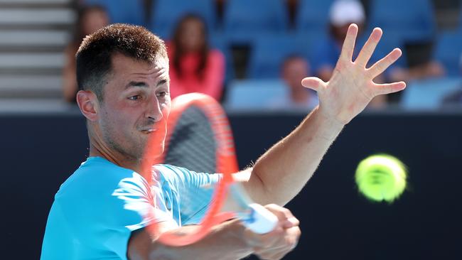 Bernard Tomic was no match for Denis Shapovalov on Court 3. Picture: Michael Klein.