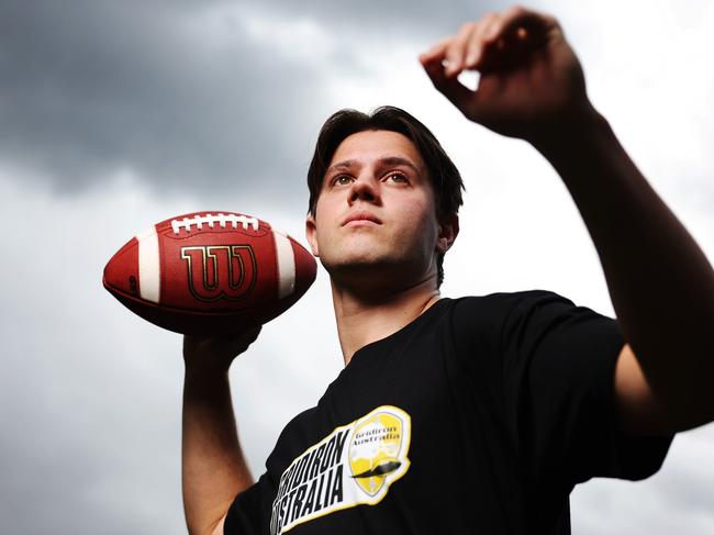 SYDNEY, AUSTRALIA - OCTOBER 17: Australian Gridiron player Cayden Close poses for a photo on the announcement of new program sports for the Los Angeles 2028 Olympic games during a media opportunity at Museum of Contemporary Art on October 17, 2023 in Sydney, Australia. (Photo by Mark Evans/Getty Images for the AOC)