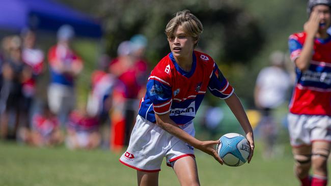 Under-14 and Under-15 finals of the King of the Country rugby union tournament at Gold Coast Eagles Rugby Union Club on Sunday 10 April 2022. Under 14's playing for 3rd place, Bond Pirates (Red) vs Maroochydore Swans. Picture: Jerad Williams