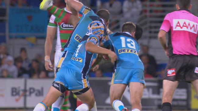 Greg Bird (left) is under scrutiny for this lifting tackle.