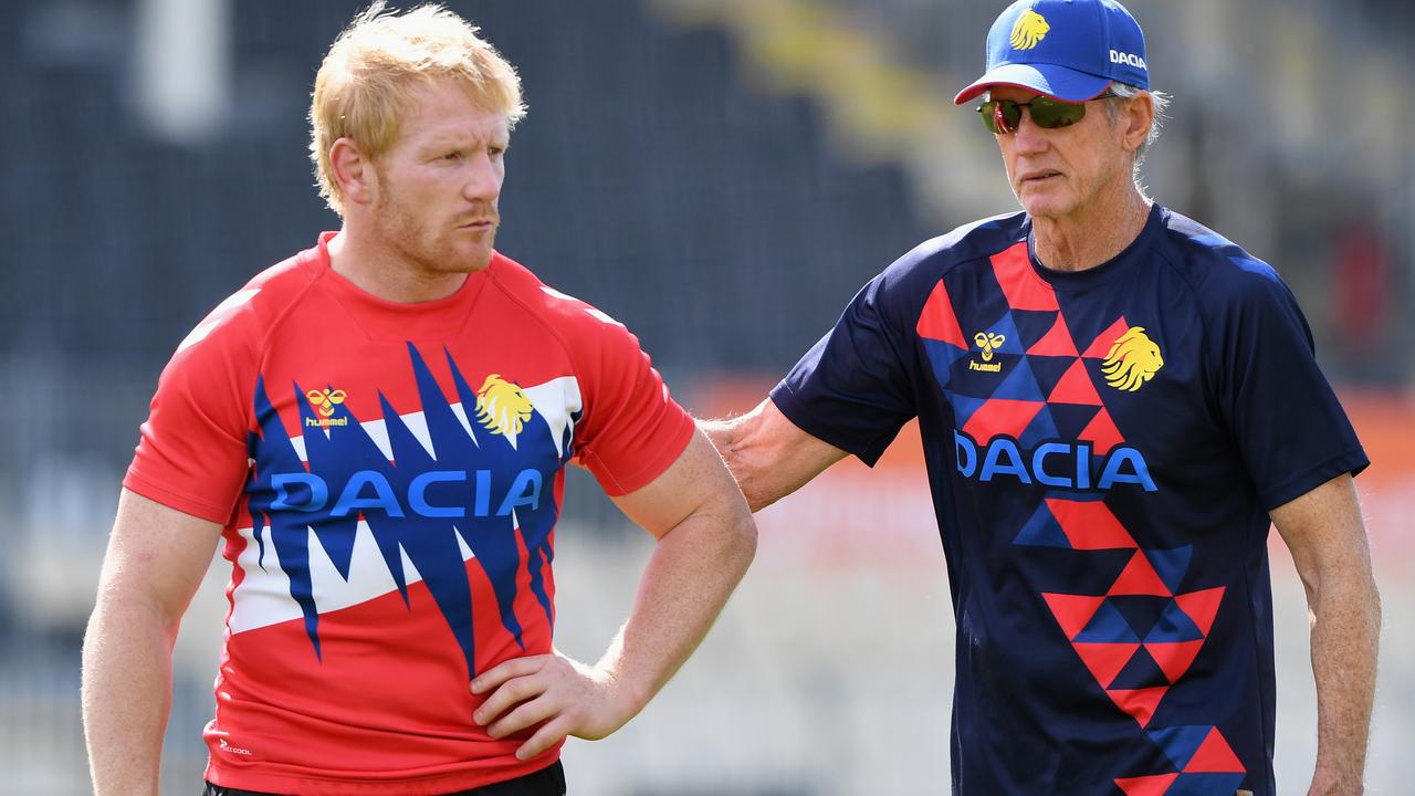 Captain James Graham and Head Coach Wayne Bennett (L-R) look on during a Great Britain Rugby League Lions training session