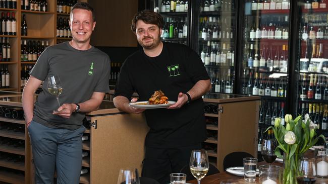 Inside East End Cellars' new food focused venue in Norwood Green. Co-owner Mathieu Smeysters with head chef Josh Lansley. Picture: Naomi Jellicoe