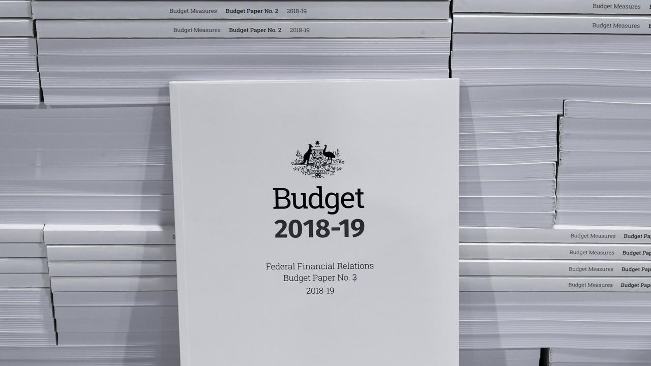 The cover of the 2018-19 Budget papers is seen at Canprint in Canberra, Sunday, Picture: AAP Image/Lukas Coch.