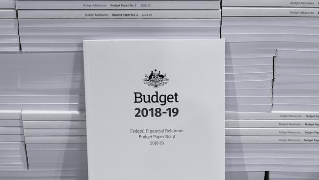 The cover of the 2018-19 Budget papers is seen at Canprint in Canberra, Sunday, Picture: AAP Image/Lukas Coch.