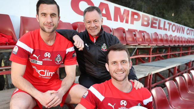 Brothers Matthew and Alex Mullen will line-up under coach and uncle Joe Mullen in Campbelltown City’s NPL playoff semi-final. Picture: AAP Image/Dean Martin