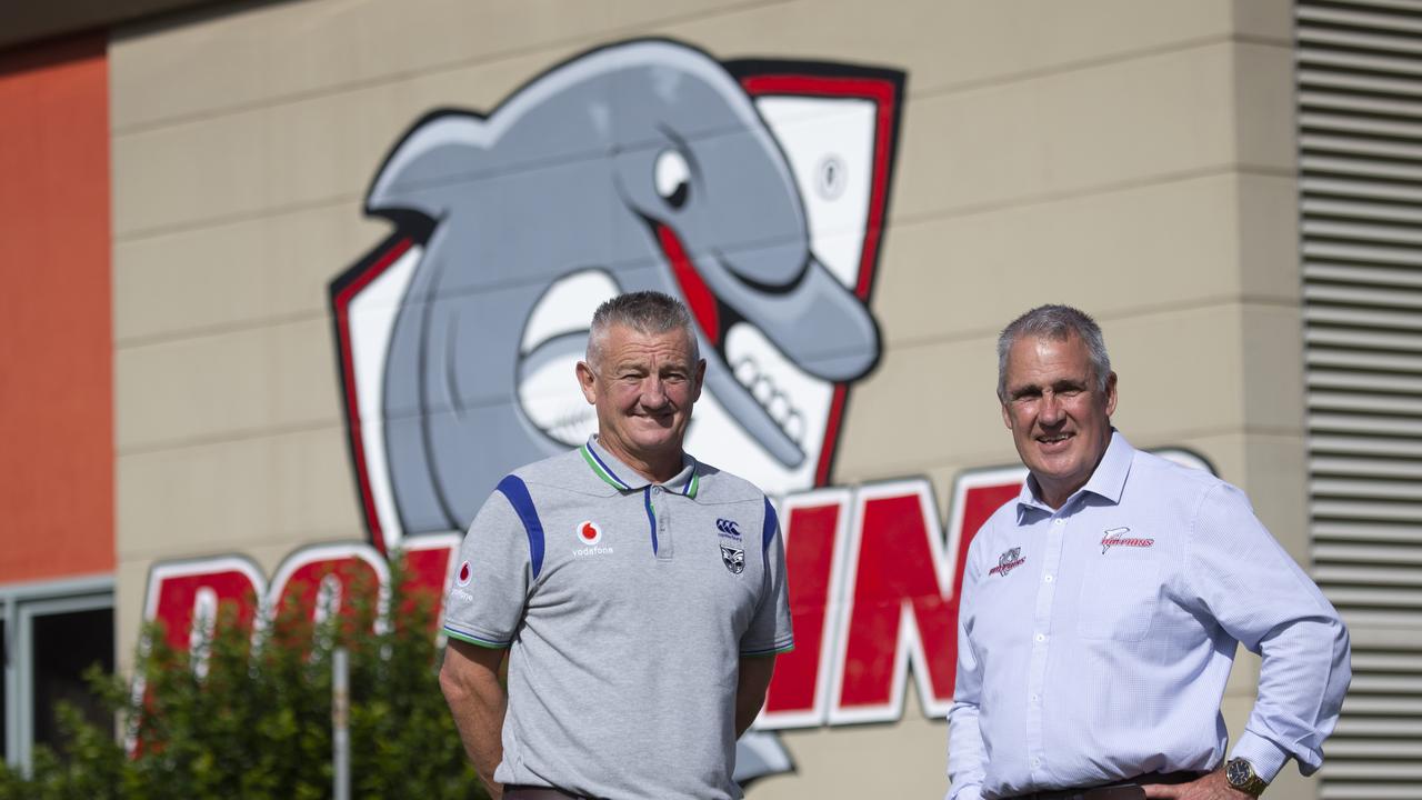 Mark Robinson and Tony Murphy pose for a photograph at the Dolphins Stadium, Redcliffe, Wednesday June 10, 2020. Redcliffe Dolphins have signed a new NRL contract with NZ Warriors. (AAP/Image Sarah Marshall)