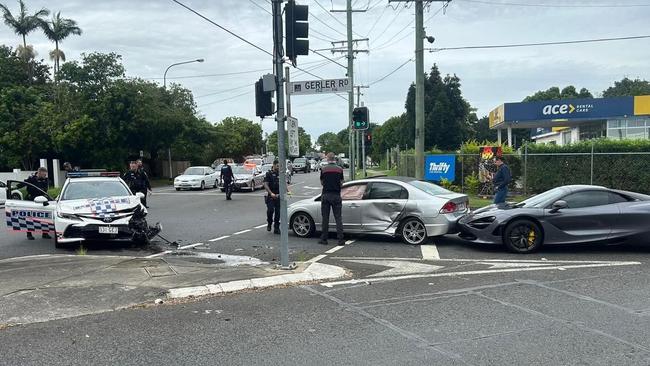 The multi-vehicle crash involving the luxury supercar and police vehicle at Hendra. Photo: Luxury Car Spotting Australia