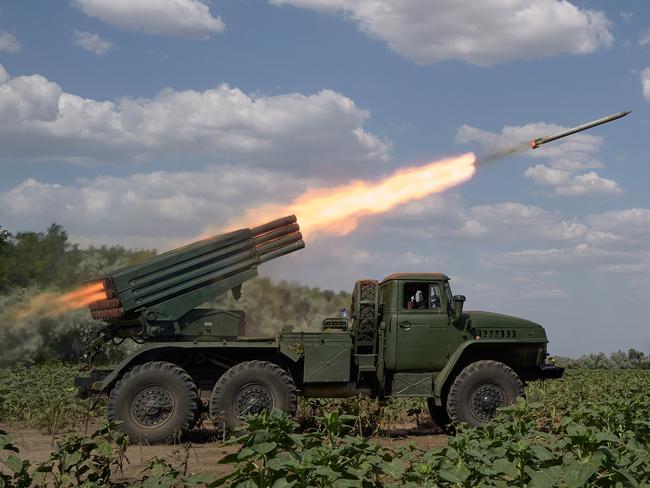 MYKOLAIV, UKRAINE - JULY 7: A Ukrainian multiple rocket launcher of the 59th brigade fires missiles on Russian targets on the frontline on July 7, 2022 in Mykolaiv, Ukraine. The Mykolaiv region became a symbol of resistance as Russian offensives were repelled. (Photo by Pierre Crom/Getty Images)