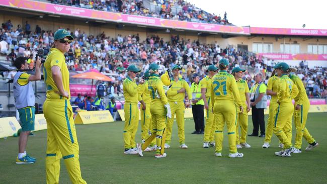 Tahlia McGrath look on from outside the circle ahead of the India innings. Picture: Alex Davidson/Getty Images)