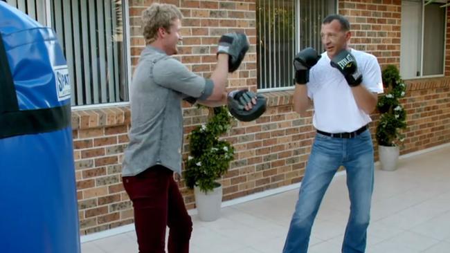 Olena’s father gives The Bachelor — Richie Strahan — a good dusting up. Picture: Supplied
