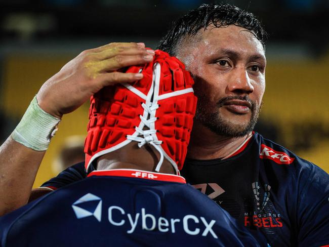 Rebels' captain Rob Leota reacts following last season’s quarter-final loss. Picture: AFP