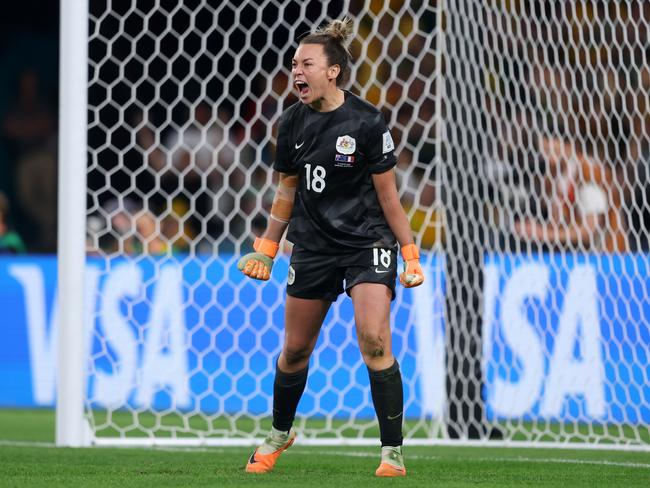 BRISBANE, AUSTRALIA – AUGUST 12: Mackenzie Arnold of Australia celebrates as Vicki Becho of France misses her side's tenth penalty in the penalty shoot out during the FIFA Women's World Cup Australia & New Zealand 2023 Quarterfinal match between Australia and France at Brisbane Stadium on August 12, 2023 in Brisbane / Meaanjin, Australia. (Photo by Chris Hyde – FIFA/FIFA via Getty Images)