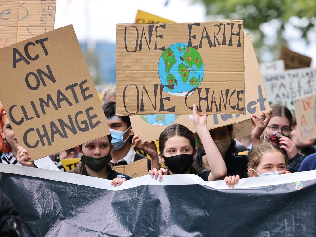 Young protestors march through the Adelaide CBD during a School Strike for Climate. Concern about global warming is leading to a generation anxious about the future. Picture: NCA NewsWire / David Mariuz