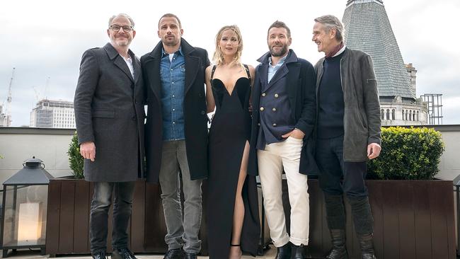 (L-R) Francis Lawrence, Matthias Schoenaerts, Jennifer Lawrence, Joel Edgerton and Jeremy Irons. Picture: Getty