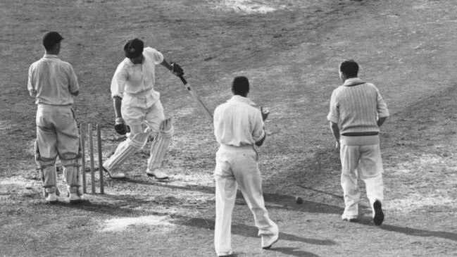 Eric Hollies knocks over Don Bradman in his last Test innings.