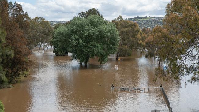 16-11-2022 Flood waters start to recede after the Barwon River broke its banks again. View from John M Macintyre walk bridge, Newtown. Picture: Brad Fleet