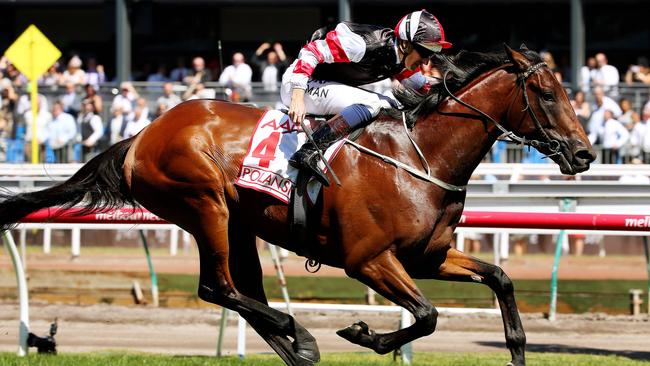 Polanski winning the Victoria Derby. Picture: Colleen Petch.
