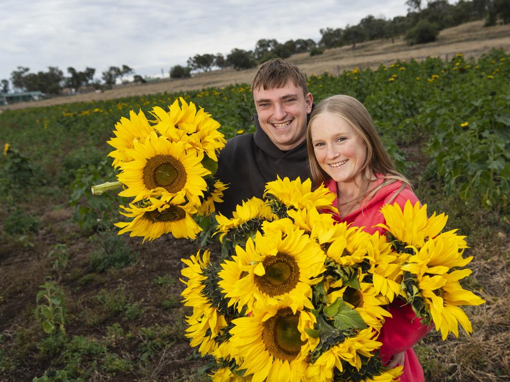 Brisbane visitors James Chisholm and Breanna Fiddyment at Warraba Sunflowers, Saturday, June 22, 2024. Picture: Kevin Farmer