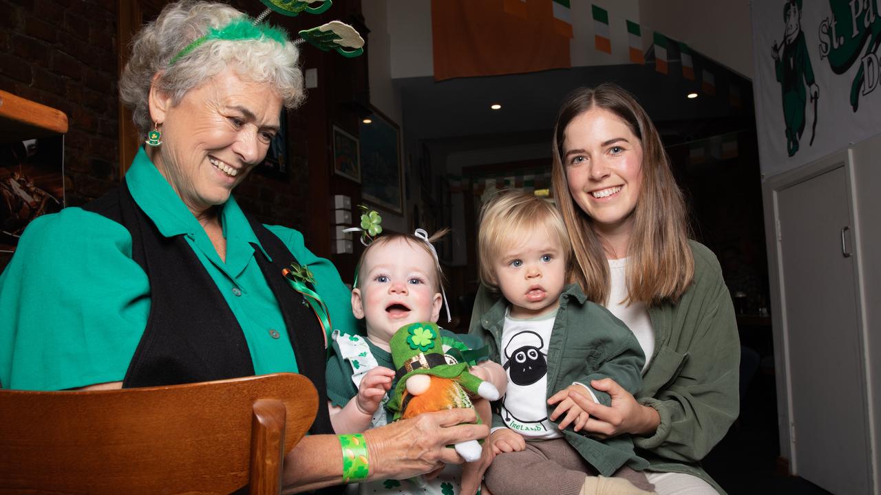 Miriam Fletcher, Elenor Howard, 8 months, Ted Smith, 14 months and Caitlin Beaumont at the New Sydney Hotel celebrating St Patrick’s Day. Picture: Linda Higginson