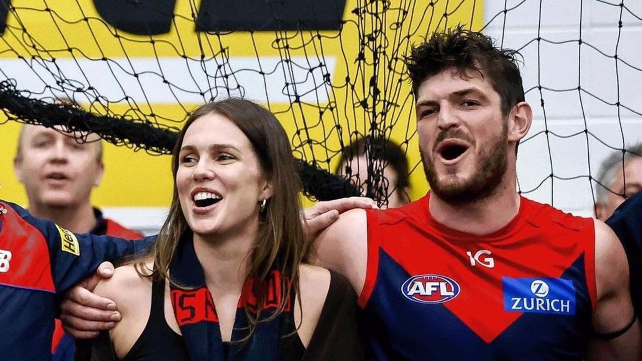 Danielle Frawley with fiance Angus Brayshaw, who was medically retired from the AFL last week after a decorated career at Melbourne. Picture: Instagram.