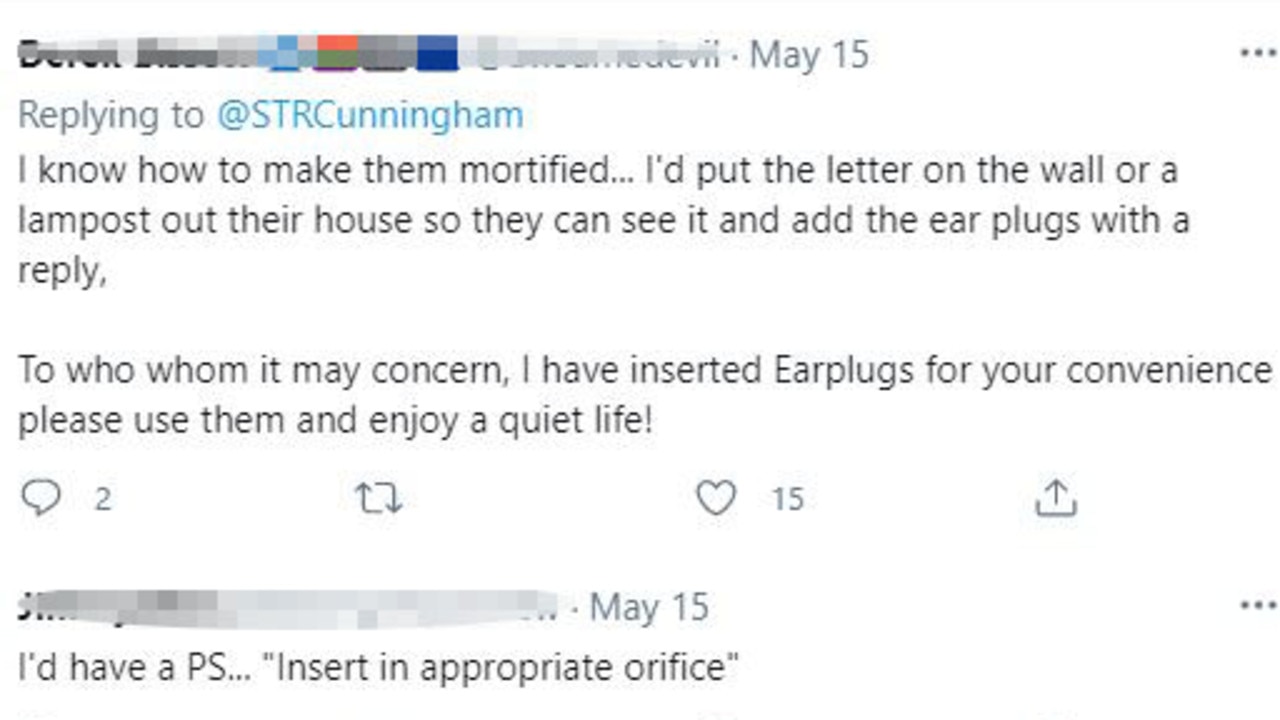Stephen took a photo of the letter and shared it on Twitter, with many suggesting he buy his neighbours earplugs. Picture: Twitter/STRCunningham