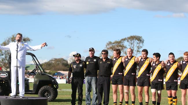 The Footy Show presenter Sam Newman sings the national anthem. Picture: Tait Schmaal