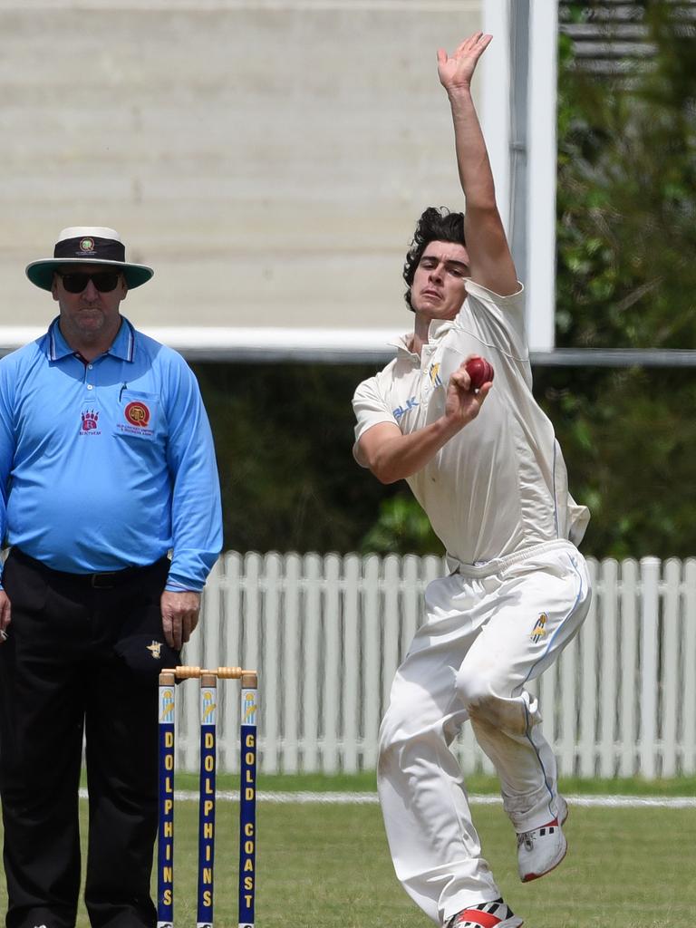 Second grade cricket between Gold Coast Dolphins and Wests at Bill Pippen Oval. Dolphins bowler Kaleb Auld. (Photo/Steve Holland)