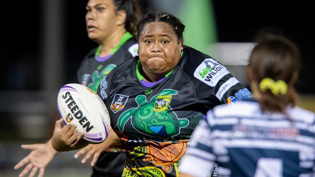 Lucy Aigea on the charge as the Darwin Brothers women take on the Palmerston Raiders in Round 12 of the 2023 NRL NT season. Picture: Pema Tamang Pakhrin