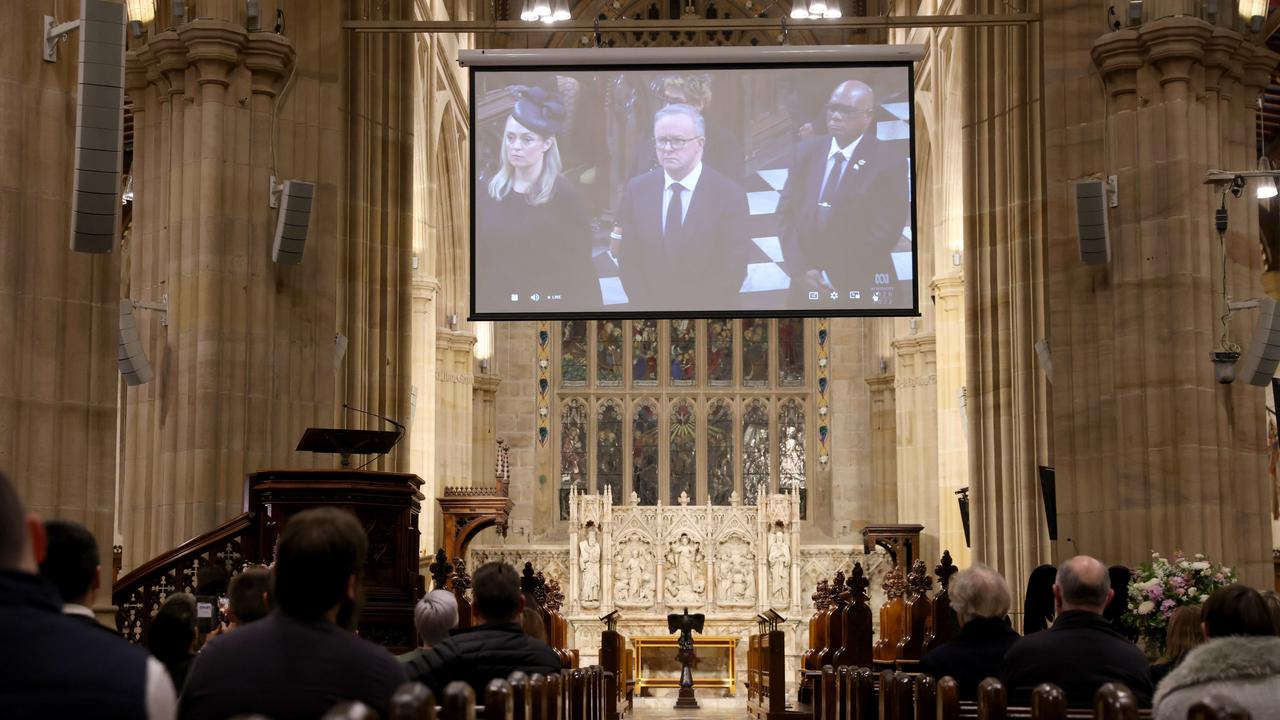 Sydney, Australia: Prime Minister Anthony Albanese appears on livestream of Queen Elizabeth’s funeral at St Andrews Church, Sydney CBD. Picture: Damian Shaw