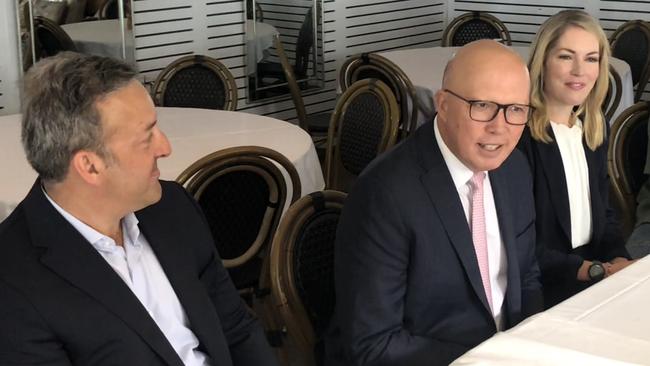 Federal Opposition leader Peter Dutton (centre) with James Brown and Jaimee Rogers. Picture: Jim O’Rourke