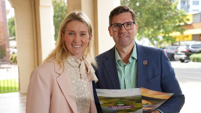 Toowoomba deputy mayor Rebecca Vonhoff and mayor Geoff McDonald discuss the council's request for $90m from both the state and federal governments to help pay for the Cressbrook Dam safety upgrades.