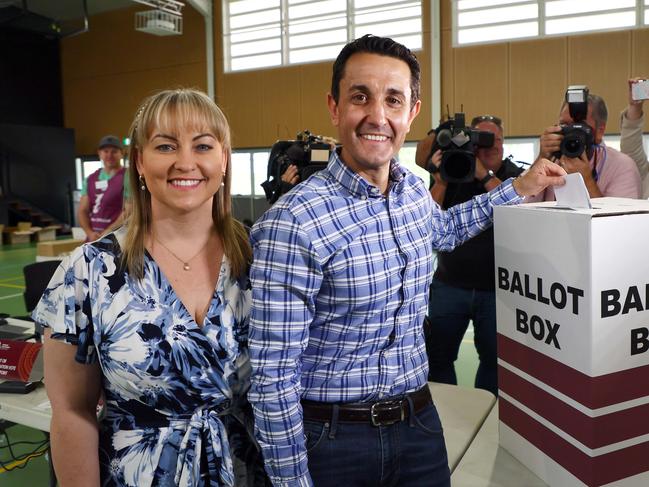 LNP leader David Crisafulli and his wife Tegan voted in Springwood. Picture: NewsWire/Tertius Pickard