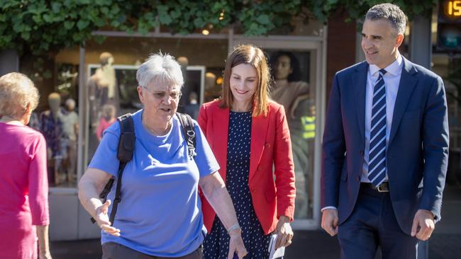 Mr Malinauskas and Ms O'Hanlon out in Norwood after she was declared the by-election winner. Picture: NCA NewsWire/Kelly Barnes