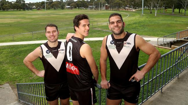 Old Ivanhoe footballers (Left - right) Jordan Stanton, Sam Keogh and Michael Mitris supporting the Towards Zero campaign in 2019. Picture: Hamish Blair