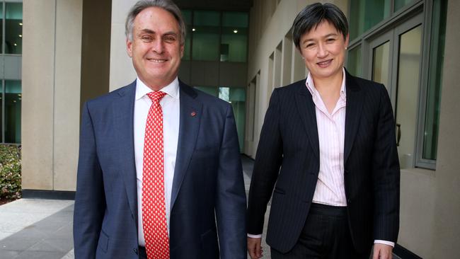 Labor Senate Labor leader Senator Penny Wong and her deputy, South Australian right-wing powerbroker, Senator Don Farrell, who opposes same-sex marriage. Picture: Ray Strange.