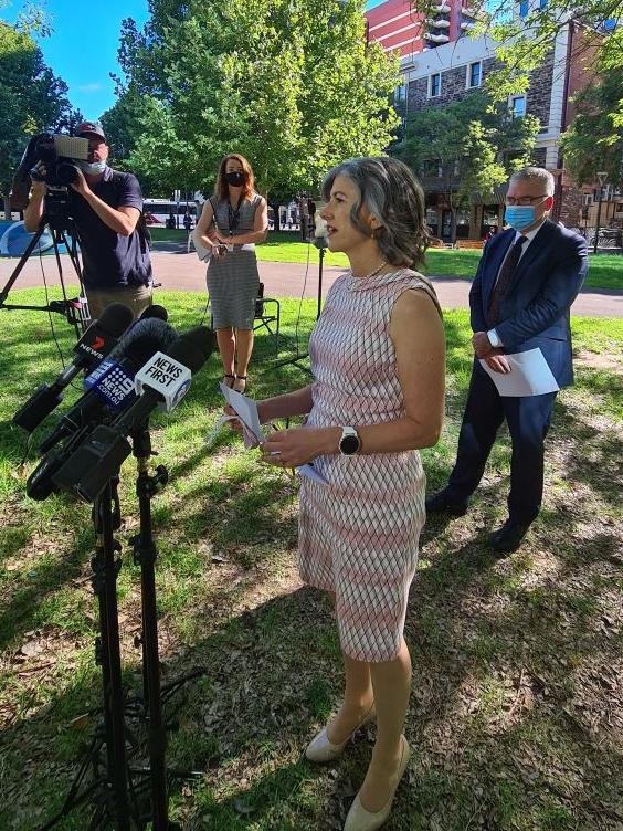 Professor Nicola Spurrier holds a hastily arranged press conference out the front of the SA Health HQ, on the 24th November, 2020 with Health Minister Stephen Wade standing behind her. Picture: Andrew Hough