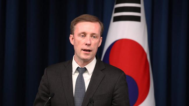 Jake Sullivan at a press conference in Seoul on Saturday. Picture: POOL / AFP