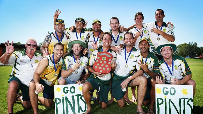 PINT celebrate their third successive Premier Grand premiership, over Waratah in 2014. Picture: Aaron Burton.