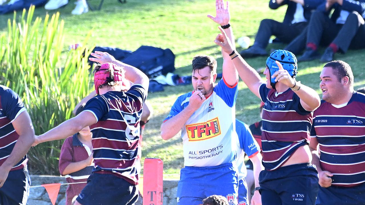 The Southport School celebrate a try earlier in the season. Saturday July 22, 2023. Picture, John Gass