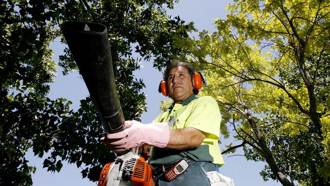 Leaf Blowers 04 December 2007. Clover Moore wants  to have noise restrictions put on the use of leaf blowers in the early hours. Grounds maintenance man, Carlos Figueroa poses with a leaf blower. Photo: Alan Place