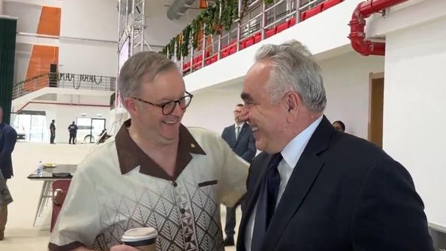 Prime Minister Anthony Albanese jokes with US Deputy Secretary of State Kurt Campbell on the sidelines of the 53rd Pacific Islands Forum.