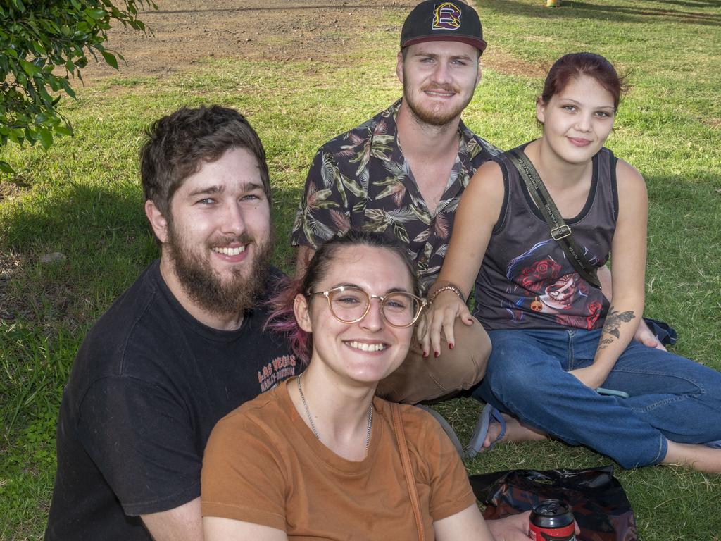 (back) Josh Hardingham and Rosa Cross with (front) Toby Ridderbecks and Jamie Harbutt at Meatstock, Toowoomba Showgrounds. Friday, April 8, 2022. Picture: Nev Madsen.