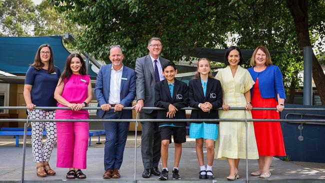 Newington Public School staff and students with Education Minister Prue Car and Parramatta MP Donna Davis.