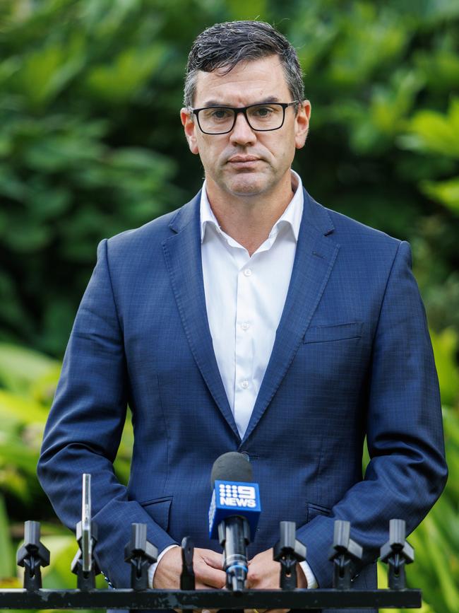 MP Brad Battin during a press conference outside parliament. Picture: Aaron Francis